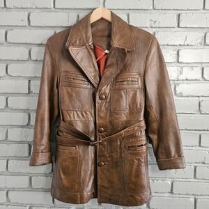 Vintage 70s Brown Leather Safari Jacket Belted Field Coat Mens 36 Retro Boho